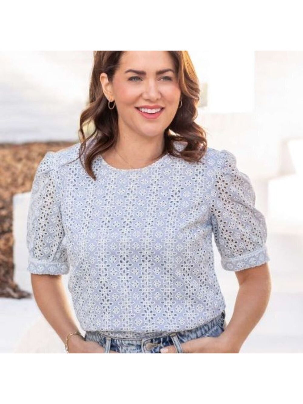 Jillian Harris Blue Skies Eyelet Top BNWT Back Buttons